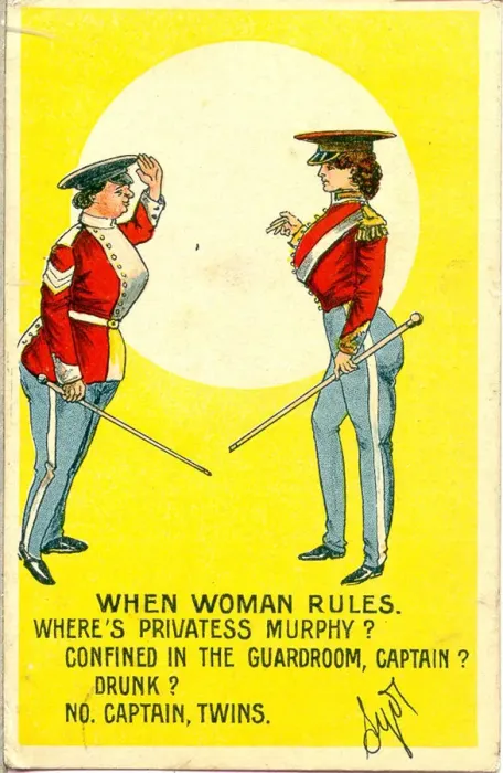 Framed Print : Comic postcard, Two military women Date: early 20th century Framed Print : Comic postcard, Two military women Date: early 20th century