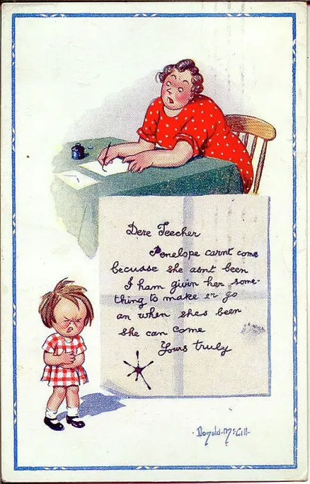 Framed Print : Comic postcard, Mother and daughter, absent from school letter Date: early 20th century Framed Print : Comic postcard, Mother and daughter, absent from school letter Date: early 20th century