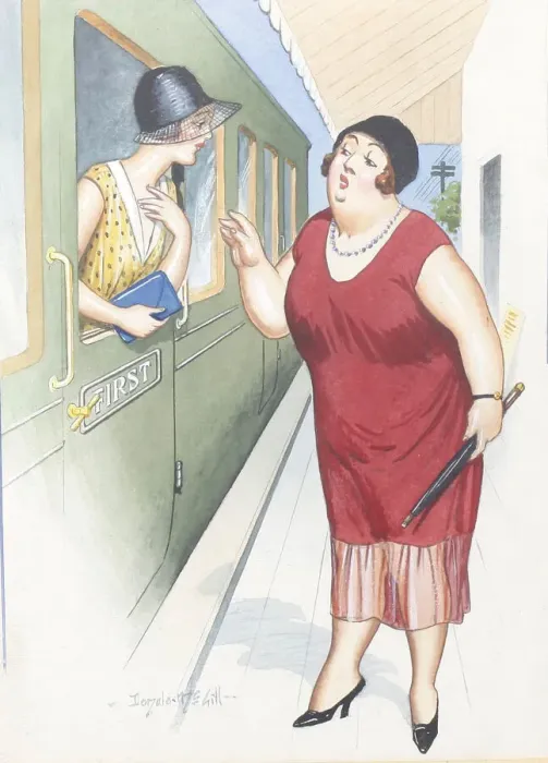Framed Print : Comic postcard, Mother and daughter at station Framed Print : Comic postcard, Mother and daughter at station