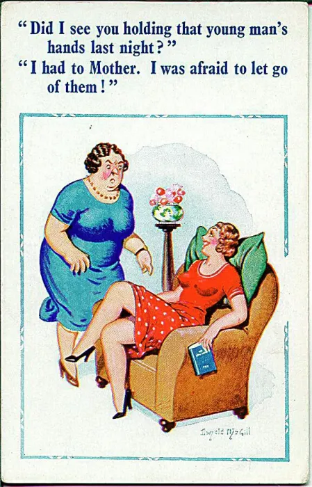 : Comic postcard, Mother questions daughter about a man Date: 20th century : Comic postcard, Mother questions daughter about a man Date: 20th century