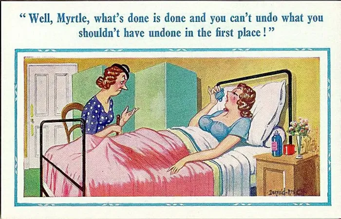 : Comic postcard, Mother visits daughter in hospital - what's done is done Date: 20th century : Comic postcard, Mother visits daughter in hospital - what's done is done Date: 20th century