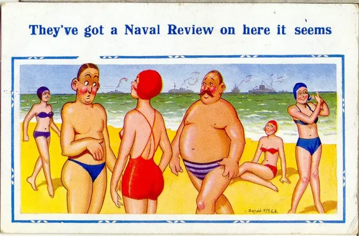 Framed Print : Comic postcard, Naval Review at the seaside Date: 20th century Framed Print : Comic postcard, Naval Review at the seaside Date: 20th century