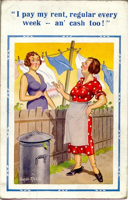 Framed Print : Comic postcard, Neighbours chat over garden fence Framed Print : Comic postcard, Neighbours chat over garden fence