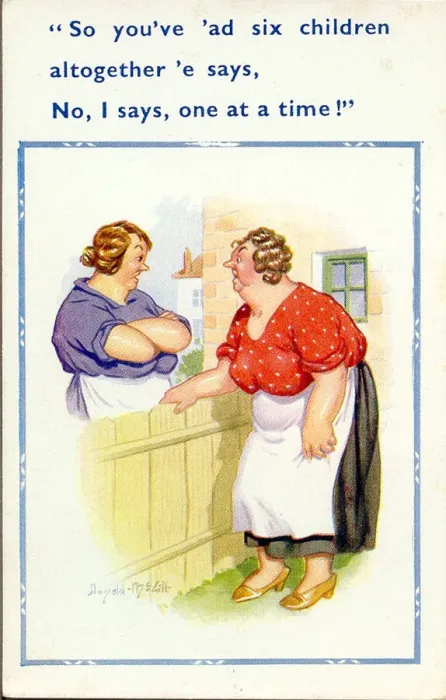 Framed Print : Comic postcard, Neighbours chat over garden fence Framed Print : Comic postcard, Neighbours chat over garden fence