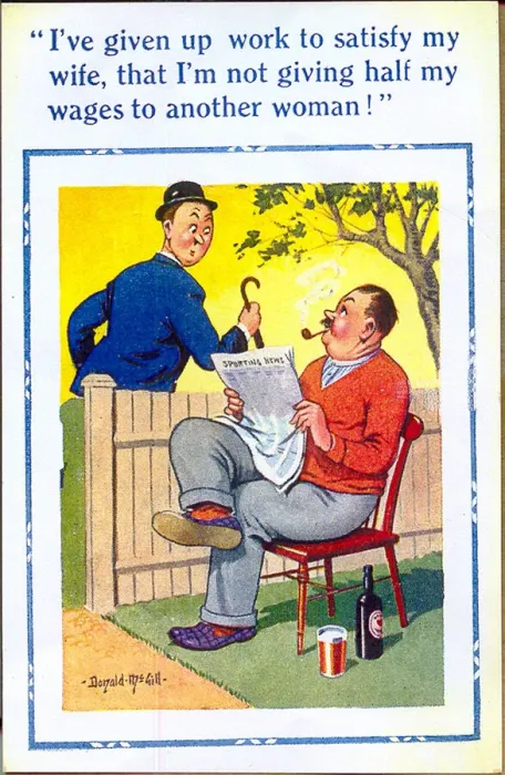 Framed Print : Comic postcard, Neighbours chat over garden fence Date: 20th century Framed Print : Comic postcard, Neighbours chat over garden fence Date: 20th century