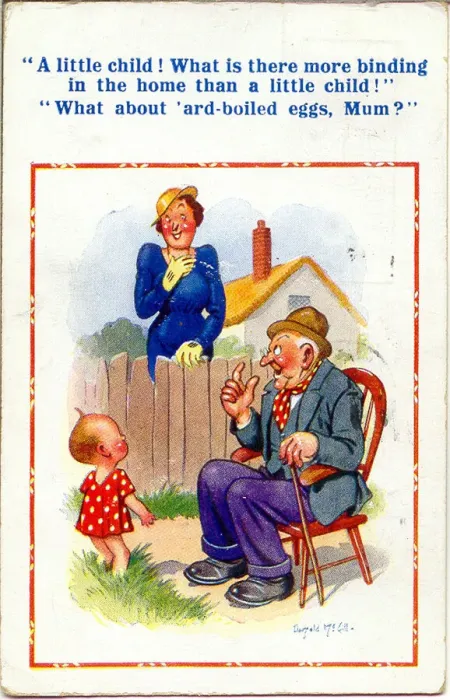 Framed Print : Comic postcard, Neighbours chat over garden fence - woman and old man Date Framed Print : Comic postcard, Neighbours chat over garden fence - woman and old man Date