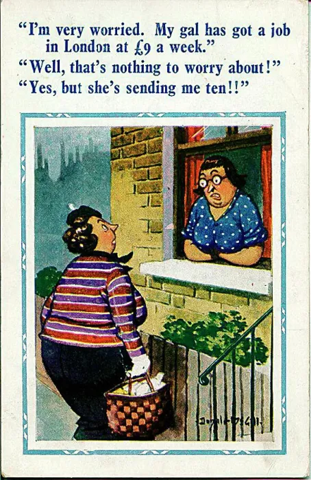 : Comic postcard, Neighbours chat through window Date: 20th century : Comic postcard, Neighbours chat through window Date: 20th century