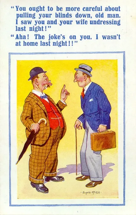 Framed Print : Comic postcard, Two neighbours chatting Date: 20th century Framed Print : Comic postcard, Two neighbours chatting Date: 20th century