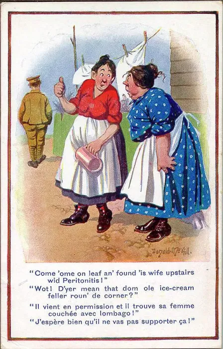 Framed Print : Comic postcard, Neighbours gossip about soldier. Date: 1914-1918 Framed Print : Comic postcard, Neighbours gossip about soldier. Date: 1914-1918