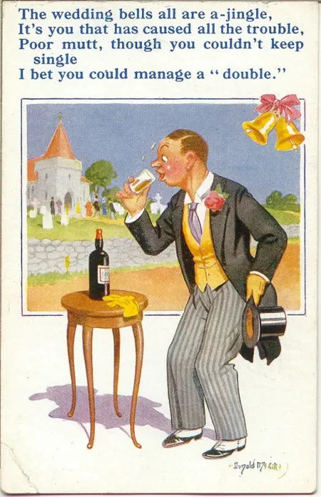 Framed Print : Comic postcard, Nervous bridegroom having a drink before the wedding Date Framed Print : Comic postcard, Nervous bridegroom having a drink before the wedding Date