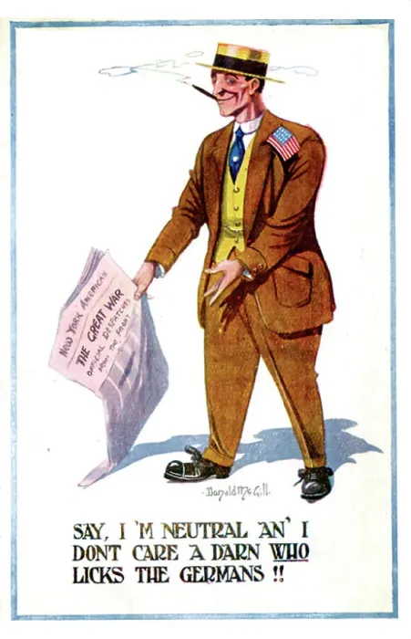 Framed Print : Comic postcard, Neutral American with newspaper. Date: 1914-1918 Framed Print : Comic postcard, Neutral American with newspaper. Date: 1914-1918