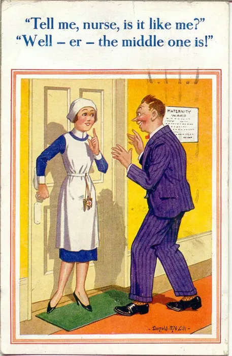 Framed Print : Comic postcard, New father with maternity nurse Framed Print : Comic postcard, New father with maternity nurse