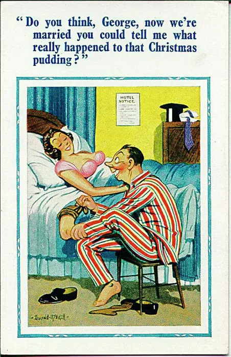 : Comic postcard, Newlywed couple in bedroom Date: 20th century : Comic postcard, Newlywed couple in bedroom Date: 20th century