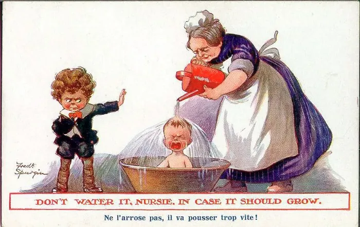 Framed Print : Comic postcard, Nurse bathing the baby - Don't water it, Nursie, in case it should grow! Date: early 20th century Framed Print : Comic postcard, Nurse bathing the baby - Don't water it, Nursie, in case it should grow! Date: early 20th century