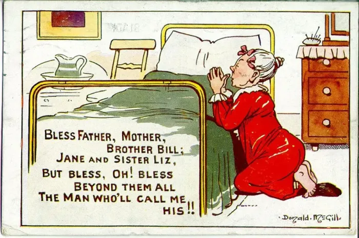 Framed Print : Comic postcard, Old maid saying her prayers Date: 20th century Framed Print : Comic postcard, Old maid saying her prayers Date: 20th century