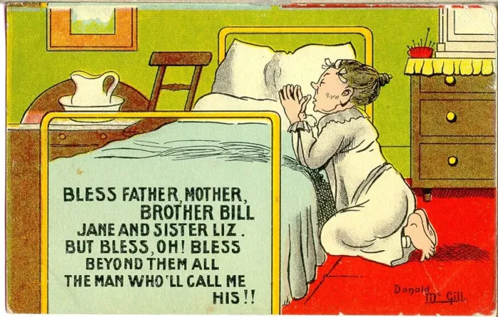 Framed Print : Comic postcard, Old maid saying her prayers Date: 20th century Framed Print : Comic postcard, Old maid saying her prayers Date: 20th century
