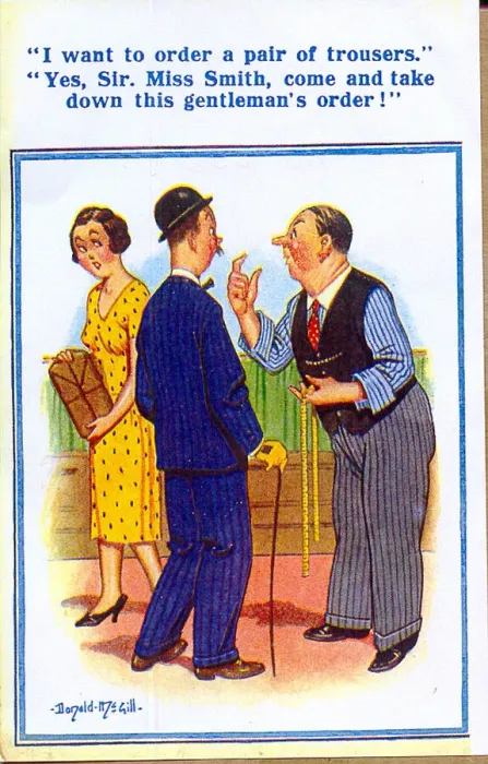 Framed Print : Comic postcard, Ordering a pair of trousers Date: 20th century Framed Print : Comic postcard, Ordering a pair of trousers Date: 20th century
