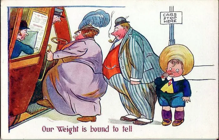 Framed Print : Comic postcard, Overweight family boarding bus - Our weight is bound to tell. Date: early 20th century Framed Print : Comic postcard, Overweight family boarding bus - Our weight is bound to tell. Date: early 20th century