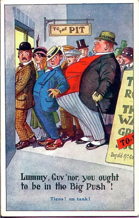 Framed Print : Comic postcard, Overweight man in cinema queue. Date: 1914-1918 Framed Print : Comic postcard, Overweight man in cinema queue. Date: 1914-1918