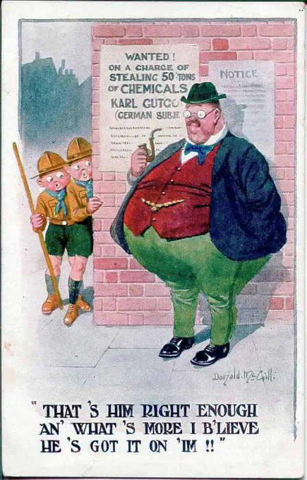 Framed Print : Comic postcard, Overweight man and two scouts. Date: 1914-1918 Framed Print : Comic postcard, Overweight man and two scouts. Date: 1914-1918