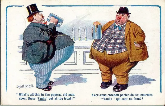 Framed Print : Comic postcard, Overweight men in a pub, WW1 Framed Print : Comic postcard, Overweight men in a pub, WW1