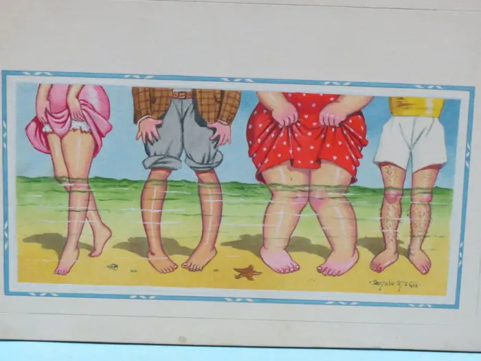 Framed Print : Comic postcard, Four pairs of legs paddling in the sea Framed Print : Comic postcard, Four pairs of legs paddling in the sea