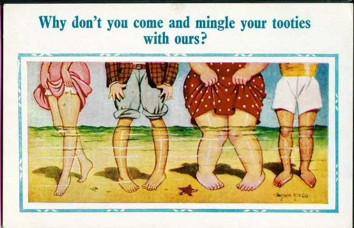 Framed Print : Comic postcard, Four pairs of legs paddling in the sea Framed Print : Comic postcard, Four pairs of legs paddling in the sea