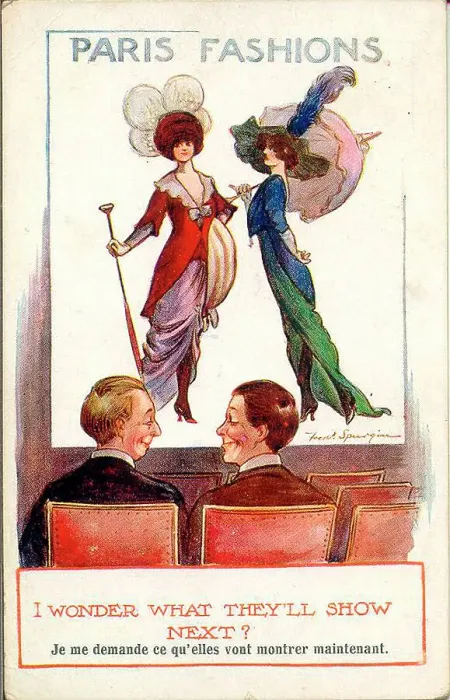 Framed Print : Comic postcard, Paris Fashions - I wonder what they'll show next Date: early 20th century Framed Print : Comic postcard, Paris Fashions - I wonder what they'll show next Date: early 20th century