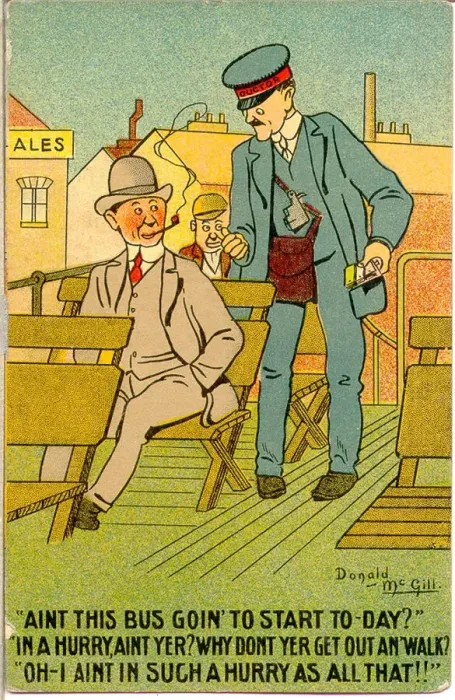 Framed Print : Comic postcard, Passenger on top deck of bus talks to conductor Date: 20th century Framed Print : Comic postcard, Passenger on top deck of bus talks to conductor Date: 20th century