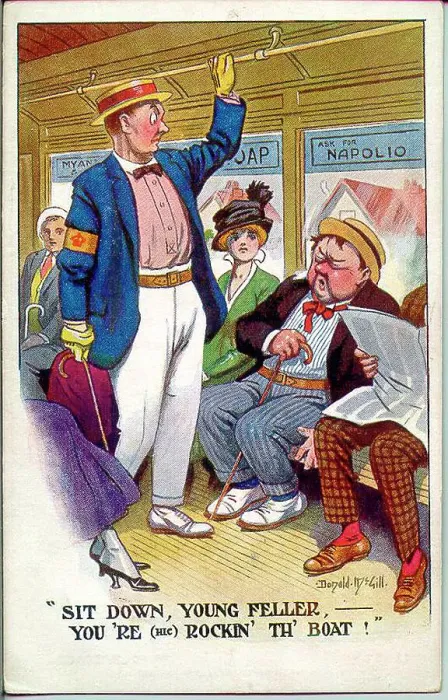 Framed Print : Comic postcard, passengers on an underground train - the man standing is wearing a Derby Scheme armband, showing that he is signed up and ready for active service, as and when required. Date: circa 1915 Framed Print : Comic postcard, passengers on an underground train - the man standing is wearing a Derby Scheme armband, showing that he is signed up and ready for active service, as and when required. Date: circa 1915