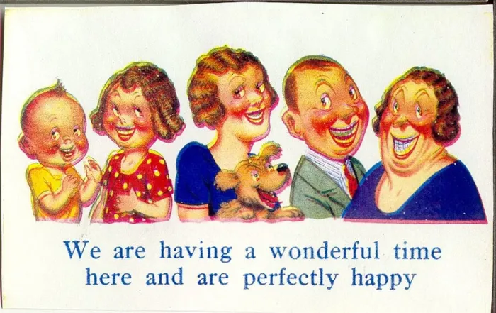 Framed Print : Comic postcard, Five people and a dog enjoying their holiday Date: 20th century Framed Print : Comic postcard, Five people and a dog enjoying their holiday Date: 20th century