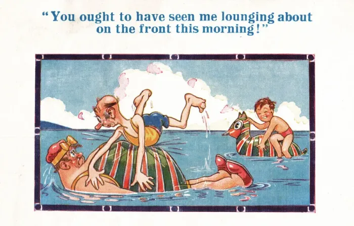 Framed Print : Comic postcard, People in the sea Date: 20th century Framed Print : Comic postcard, People in the sea Date: 20th century