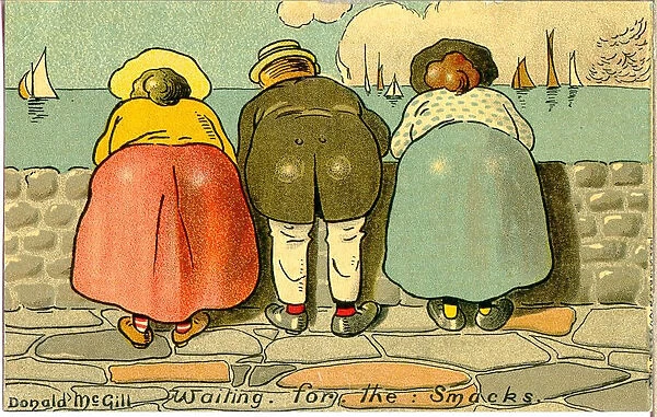 Comic postcard, Three people at the seaside - waiting for the smacks Date