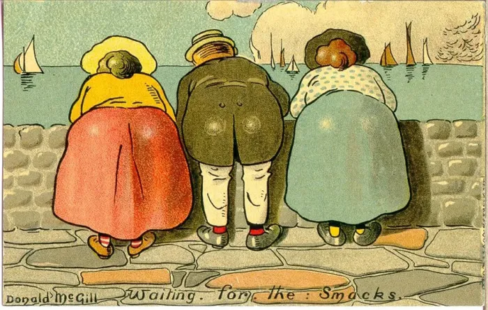 Framed Print : Comic postcard, Three people at the seaside - waiting for the smacks Date