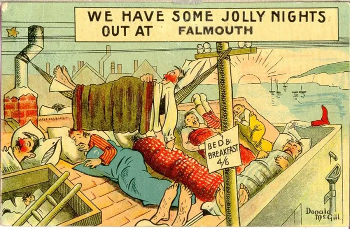 Framed Print : Comic postcard, People sleeping on the roof at Falmouth Date: 20th century Framed Print : Comic postcard, People sleeping on the roof at Falmouth Date: 20th century