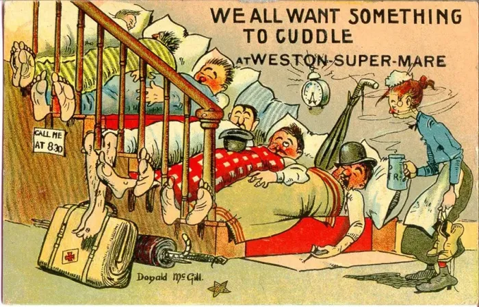 Framed Print : Comic postcard, People sleeping on the stairs at Weston-Super-Mare Framed Print : Comic postcard, People sleeping on the stairs at Weston-Super-Mare