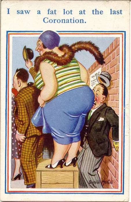 Framed Print : Comic postcard, People watching the Coronation - or trying to Date: 20th century Framed Print : Comic postcard, People watching the Coronation - or trying to Date: 20th century