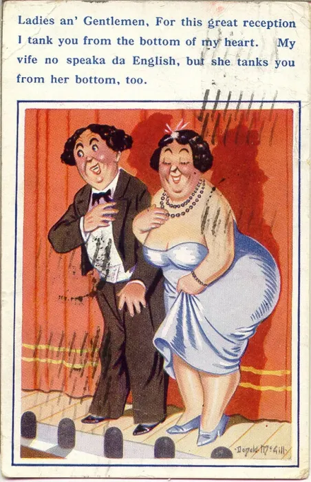Framed Print : Comic postcard, Performing couple taking a bow on stage Date: 20th century Framed Print : Comic postcard, Performing couple taking a bow on stage Date: 20th century