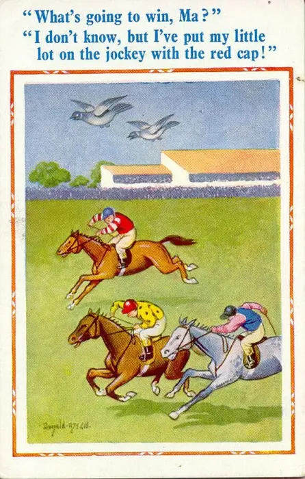 Framed Print : Comic postcard, Pigeons flying above racehorses Date: 20th century Framed Print : Comic postcard, Pigeons flying above racehorses Date: 20th century