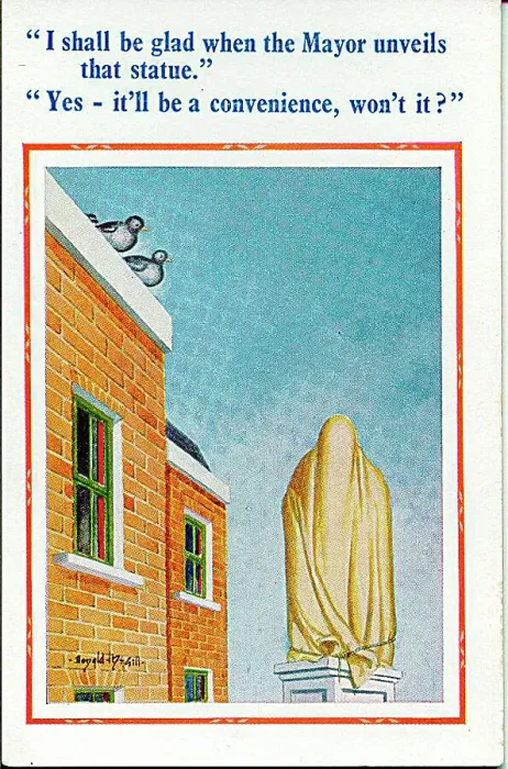: Comic postcard, Two pigeons wait for statue unveiling Date: 20th century : Comic postcard, Two pigeons wait for statue unveiling Date: 20th century