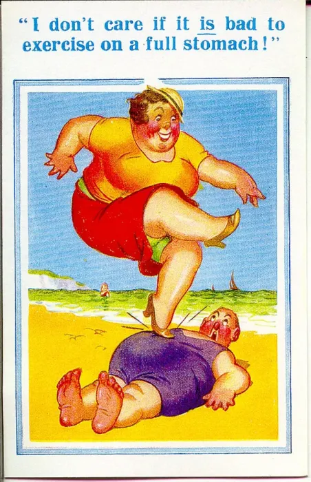 Framed Print : Comic postcard, Plump couple on the beach Framed Print : Comic postcard, Plump couple on the beach