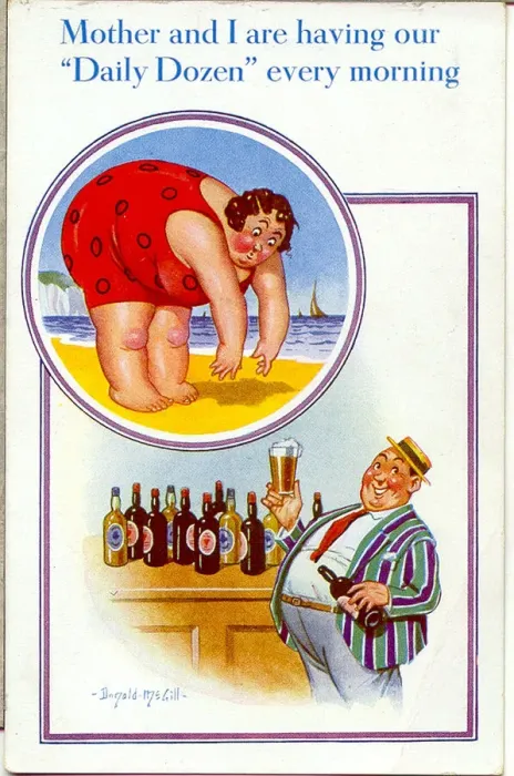 Framed Print : Comic postcard, Plump couple, Daily Dozen on holiday Date: 20th century Framed Print : Comic postcard, Plump couple, Daily Dozen on holiday Date: 20th century