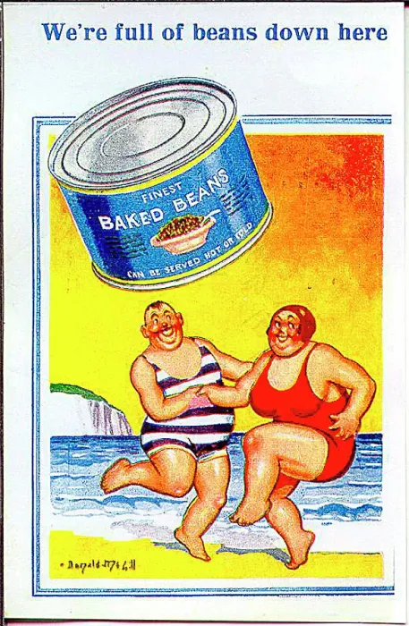 : Comic postcard, Plump couple dancing at the seaside - full of beans! Date: 20th century : Comic postcard, Plump couple dancing at the seaside - full of beans! Date: 20th century