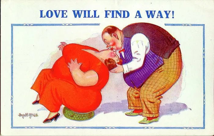 Framed Print : Comic postcard, Plump couple kissing Framed Print : Comic postcard, Plump couple kissing