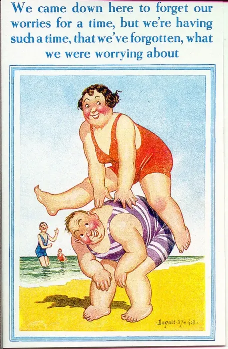 Framed Print : Comic postcard, Plump couple leapfrogging on the beach Framed Print : Comic postcard, Plump couple leapfrogging on the beach