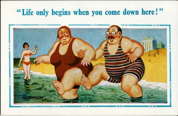 Framed Print : Comic postcard, Plump couple paddling in the sea Framed Print : Comic postcard, Plump couple paddling in the sea