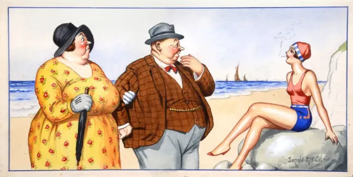 Framed Print : Comic postcard, Plump couple and pretty woman at the seaside Date: 20th century Framed Print : Comic postcard, Plump couple and pretty woman at the seaside Date: 20th century