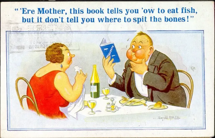 Framed Print : Comic postcard, Plump couple in a restaurant Framed Print : Comic postcard, Plump couple in a restaurant