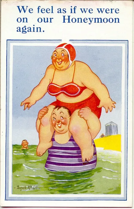 Framed Print : Comic postcard, Plump couple in the sea Date: 20th century Framed Print : Comic postcard, Plump couple in the sea Date: 20th century