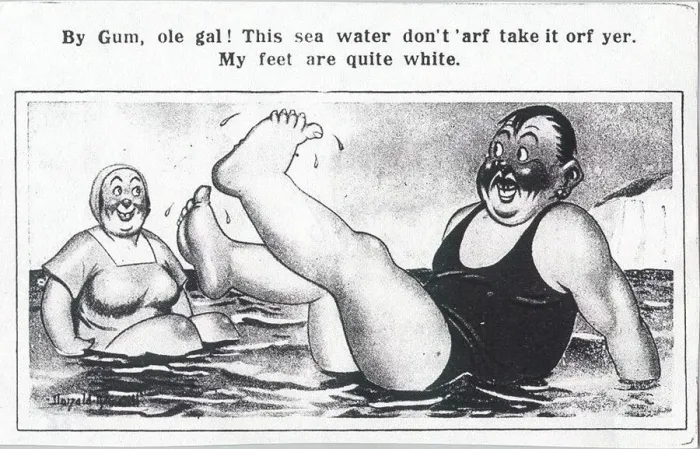 Framed Print : Comic postcard, Plump couple in the sea Date: 20th century Framed Print : Comic postcard, Plump couple in the sea Date: 20th century